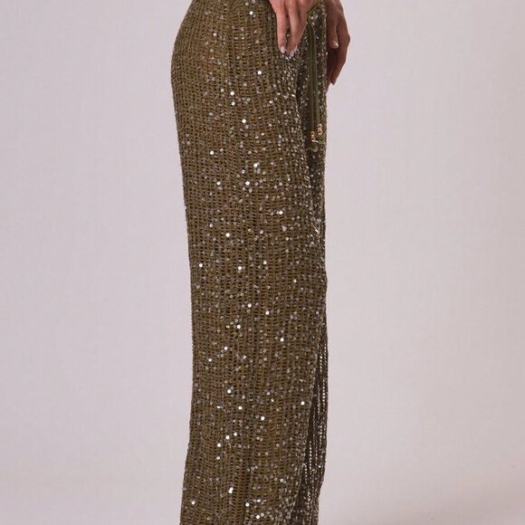Olive Green Boho Women's Resort Knit with sequin pants - Picture 3 of 6